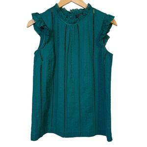 J Crew 4 Tall Sleeveless Cotton Silk Top Emerald Green Ruffle Eyelet Blouse